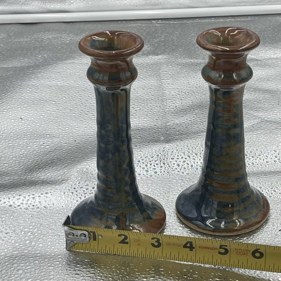 Studio Pottery Pair Of Candlestick Holder Drip Glaze Blue Brown Artist Signed 6” - Picture 8 of 8